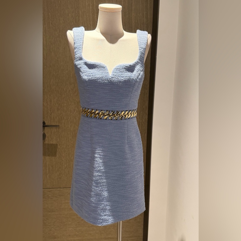 Rebecca Vallance Powder Blue Textured Sheath Dress with Gold Chain Waist NWT